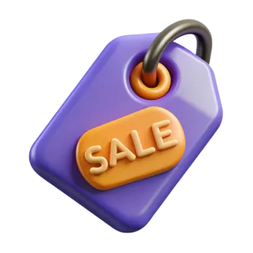 a purple and orange tag with the word sale on it