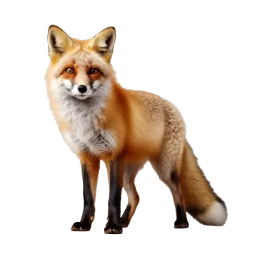 a red fox standing in front of a white background