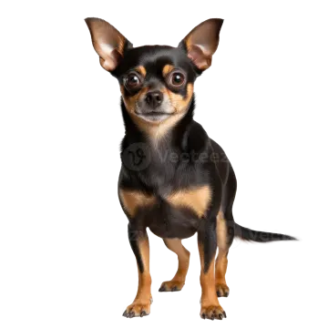 a small black and brown dog standing on a white background