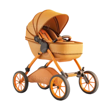 a baby stroller with orange wheels