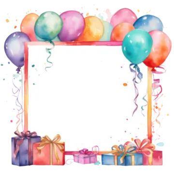 a watercolor frame with balloons and gift boxes