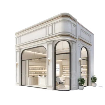 a store front view with white walls and windows