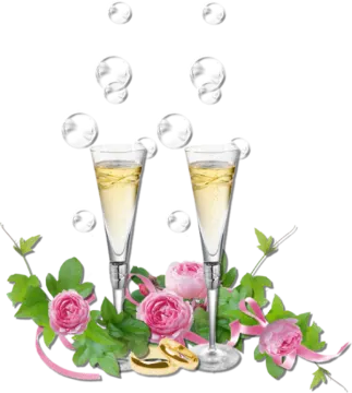 two glasses of champagne with pink roses and bubbles