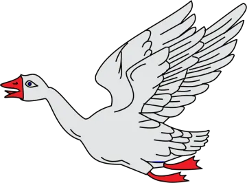 a white goose flying with its wings spread