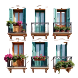 a set of four windows with green shutters and flowers