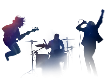 the silhouettes of people playing instruments and singing