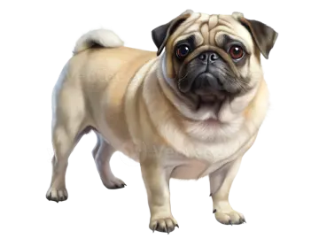 a pug dog standing on a white background
