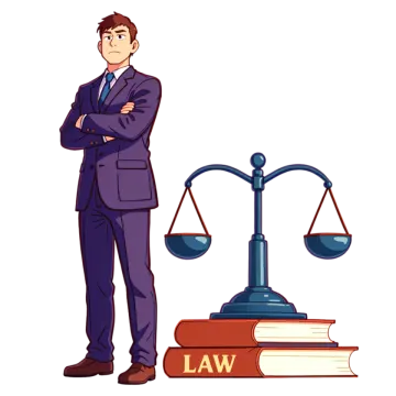 a man in a suit standing next to a scale of law