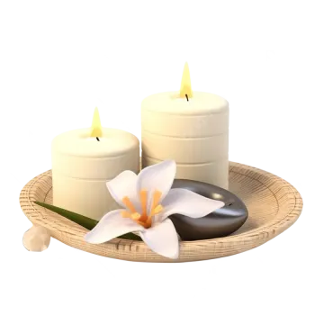 two candles and a flower on a bamboo tray