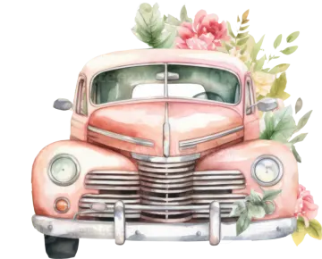 a watercolor painting of an old car with flowers