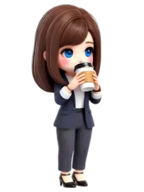 a woman in a business suit holding a cup