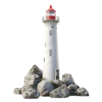 a white and red lighthouse on top of rocks