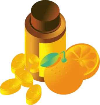 an orange and a bottle of vitamin oil