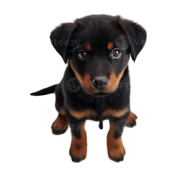 a small black and brown puppy dog looking at the camera