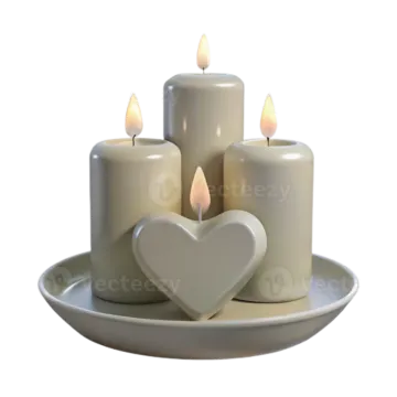 three white candles and a heart on a plate