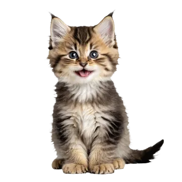 a small kitten sitting down with its tongue out