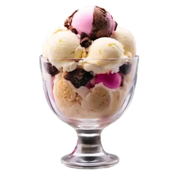 three scoops of ice cream in a glass dish