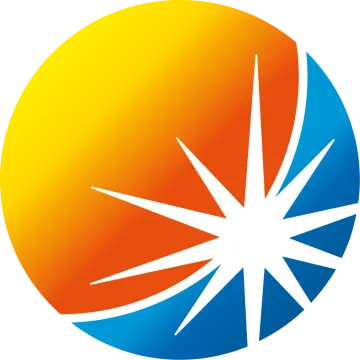 an orange and blue circle with a star in the middle