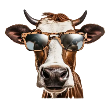 a close up of a cow wearing sunglasses
