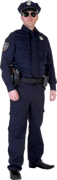 a man in a police uniform with his hands on his hips