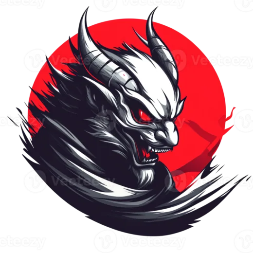 a black and white dragon with red sun in the background
