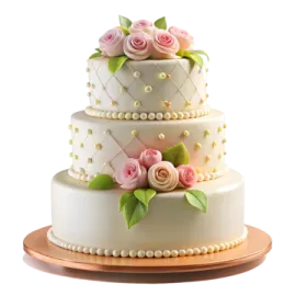 a three tiered cake with pink roses on top