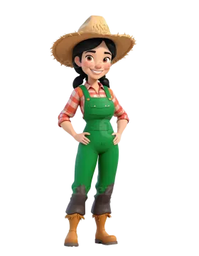 a 3d woman wearing a hat and overalls