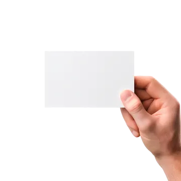 a hand holding a business card against a white background