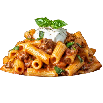 a black bowl filled with pasta and meat