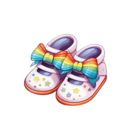 a pair of baby shoes with a rainbow bow