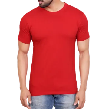 a man wearing a red t - shirt