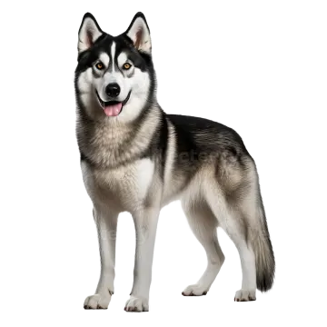 a black and white husky dog standing on a white background