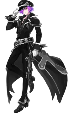 an anime character with purple hair and black clothes