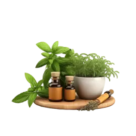 a mortar and mortar with herbs on it