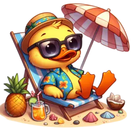 a cartoon duck sitting in a beach chair with an umbrella