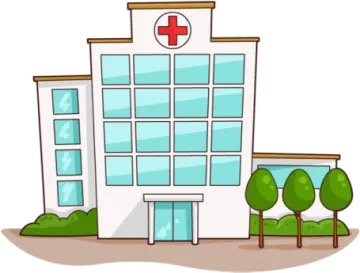 a hospital building with trees and bushes