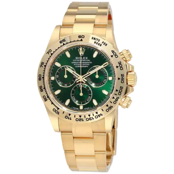 a gold role watch with green dial