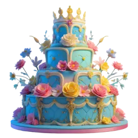 a blue and yellow cake with flowers on top