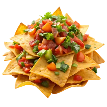 a plate filled with torta chips topped with tomatoes and avoca