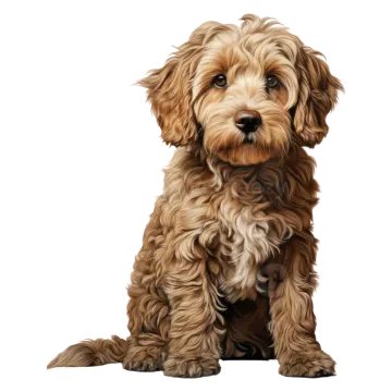 a brown and white dog sitting on a white background