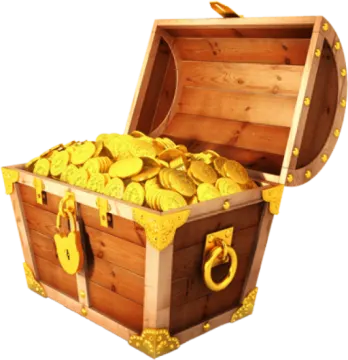 a wooden chest filled with gold coins