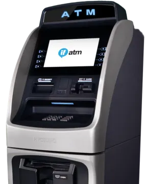 an atm machine with a sign on it