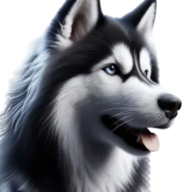 a black and white husky dog with blue eyes
