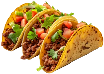 three tacos with meat and vegetables on a white background