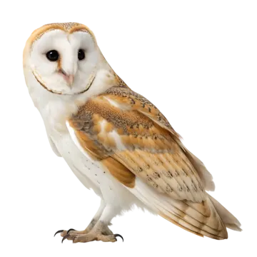 a barn owl standing on a white background