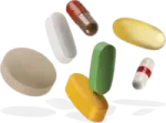 a bunch of pills falling into the air