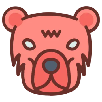 a pink bear head with blue eyes