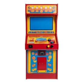 a red arcade machine with a blue screen