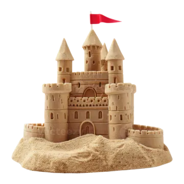 a sand castle with a red flag on top
