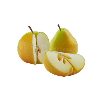 three pears cut in half on a white background